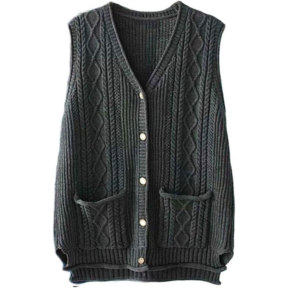 Women's Cable Knit Sweater Vest Medium Button Down V Neck Pockets